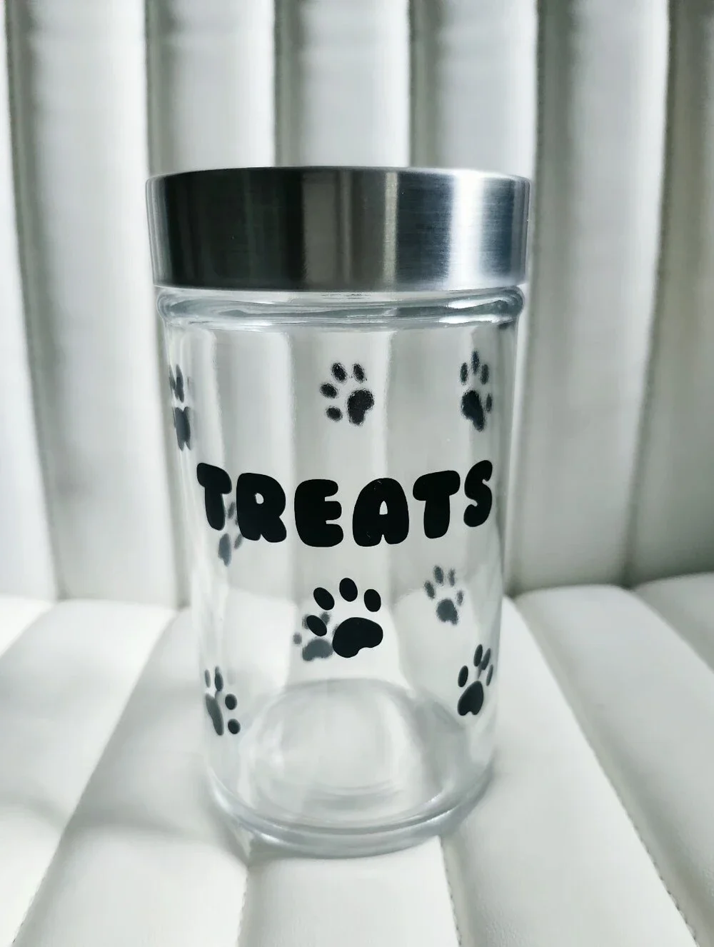Dog Treat Jar with Silver Lid - Clear Glass Black Paw Print Design